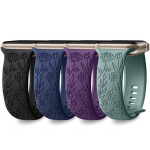 lot 7305 image: DaQin 4 Pack Floral Engraved Bands Compatible with Apple Watch Band for Women 40mm 41mm 42mm 44mm 45mm 46mm 38mm 49mm, Cute Silicone Flower Pattern Strap for iWatch Series 11 10 9 8 7 6 5 4 3 SE Ultra - Retail $10