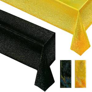 lot 7327 image: Sparkling Holographic Laser Tablecloth - Shimmering, Waterproof, Easy to Clean - Ideal for Halloween Bachelorette, Mermaid, Birthday, Wedding, and Anniversary Party Decorations (Black & Gold, 2) - Retail $9