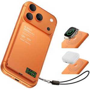 lot 13515 image: Portable Charger for Apple Watch & iPhone 17161514, 5000mAh 15W Fast Wireless Magnetic Power Bank with Built-in USB-C Cable, Ultra Slim 3-in-1 Mag-Safe Battery Pack with Smart LCD Display, Orange - Retail $30