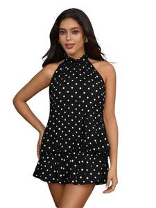 lot 15281 image: Floerns Womens Y2k Summer Halter Dress Tie Open Back Sleeveless Ruffle Hem Bubble Going Out Mini Dresses Black Polka Dots Medium - Retail $39
