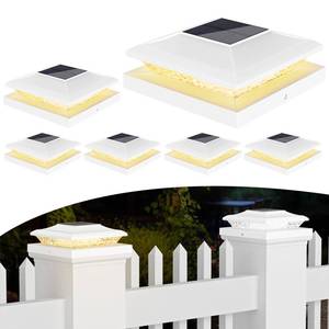 lot 15311 image: TSUNESLUX 5x5 Solar Post Cap Lights Outdoor, 6 Pack 2 Modes (WarmWhite Light) White Fence Post Solar Powered Deck Lights Waterproof for 5.5x5.5 Vinyl Posts Decorate Garden Deck Patio Porch - Retail $40