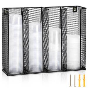 lot 15316 image: Wall Mount Portion Sauce Cup Lid Organizer 4 Compartments Iron Sauce Cup Dispenser Black Cup and Lid Holder Organizer Fits Cups Size 2 to 4 oz For Kitchen Counter Restaurant Coffee Bar 13x10x3.3 In - Retail $27