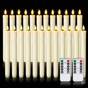lot 15317 image: Homemory 24 Pcs Real Wax Flameless Taper Candles with Remote Timer and Dimmer, Battery Operated Candlesticks with Flickering Light, Ivory Window Candles, 9.6 Inches for Wedding Home Decor - Retail $56