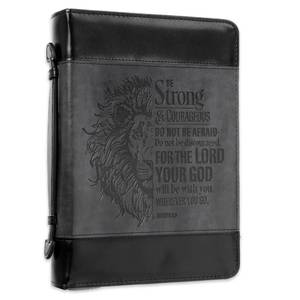 lot 15329 image: Christian Art Gifts Classic Faux Leather Bible Cover for Men and Women Be Strong and Courageous - Joshua 19 Inspirational Bible Verse with Lion, Gray and Black, Medium - Retail $30