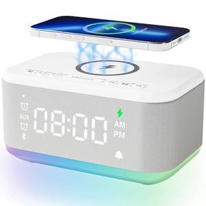lot 15336 image: Alarm Clock Speaker Wireless Charger, Digital Alarm Clocks Bedrooms Bluetooth, Alarm Clock Dimmable Light Bedrooms Dual Alarm Snooze Dimmer 12 24H RGB Night Light Bluetooth USB AUX, White - Retail $50