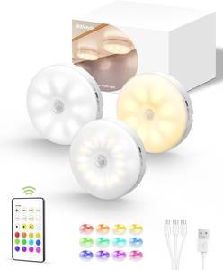 lot 15341 image: EZVALO Under Cabinet Lighting, 1000mAh Rechargeable Puck Lights with Remote, 3 Color Temps & 12 RGB Motion Sensor Closet Lights, Dimmable Under Cabinet Lights for Kitchen, Cabinets, Closet (3 Packs) - Retail $23
