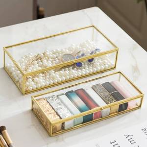 lot 15342 image: Kendiis Glass Jewelry Box Set, 2pcs Vintage Rectangle Gold Keepsake Boxes Lipstick Organizer Box Vanity Lidded Box Home Decor Accent Decorative Box for Storage Trinket Rings Bracelet1 - Retail $26
