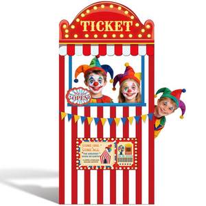 lot 60641 image: APUDWN 5.6 Ft Carnival Ticket Booth Photo Prop Circus Theme Party Stand Up Cardboard Cutout Large Circus Birthday Backdrop Decorations for Carnival Game Supplies Spring School Events - Retail $33
