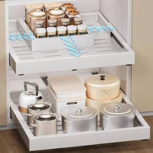 lot 60642 image: Makfoner 2 Pcs Pull Out Cabinet Organizers, Width (12-19) and Depth (17-23) Expandable With 3 Slides, No Drill Slide out Drawers Adhesive Film or Nail Cabinets Without Lip in Kitchen, Bathroom - Retail $90