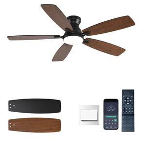 lot 60643 image: NKPU Ceiling Fans with Lights, Low Profile Ceiling Fan with Light and RemoteAPP Control, DC Motor, Noiseless, Flush Mount, 52inch Brown Ceiling Fan for Bedroom IndoorOutdoor Use - Retail $60