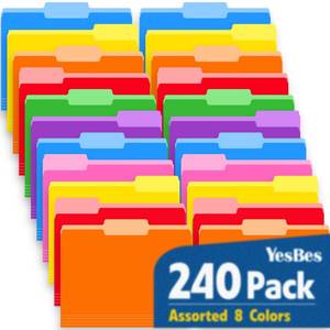 lot 62772 image: 240 Pack Colored File Folders, 13 Cut Tab File Folders Letter Size 8.5 x 11 Inch, Assorted 8 Colors Filing Folder for Office School Business - Retail $40