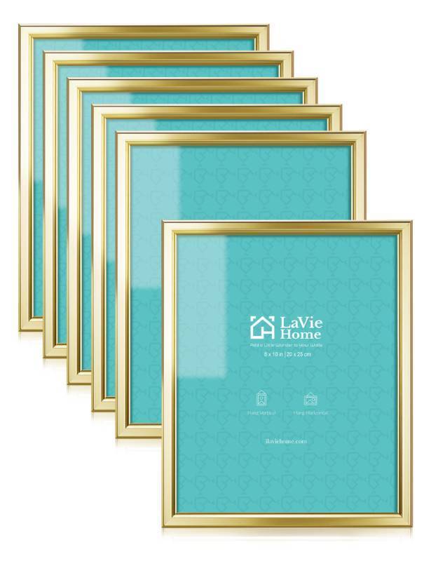 lot 5863 image: LaVie Home 8x10 Picture Frames (6 Pack, Gold) Simple Designed Photo Frame with High Definition Glass for Wall Mount & Table Top Display, Set of 6 Classic Collection (Few Scratches)
