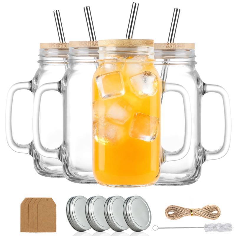 lot 5880 image: LOSANJI 24 oz Mason Jar Cups with Handles, Wide Mouth Iced Coffee Cup with Bamboo Lids & Straws, Large Glass Bottle Mug Drinking Jars Tumbler for Smoothie Cold Water Juice Party Beverages, Set of 4