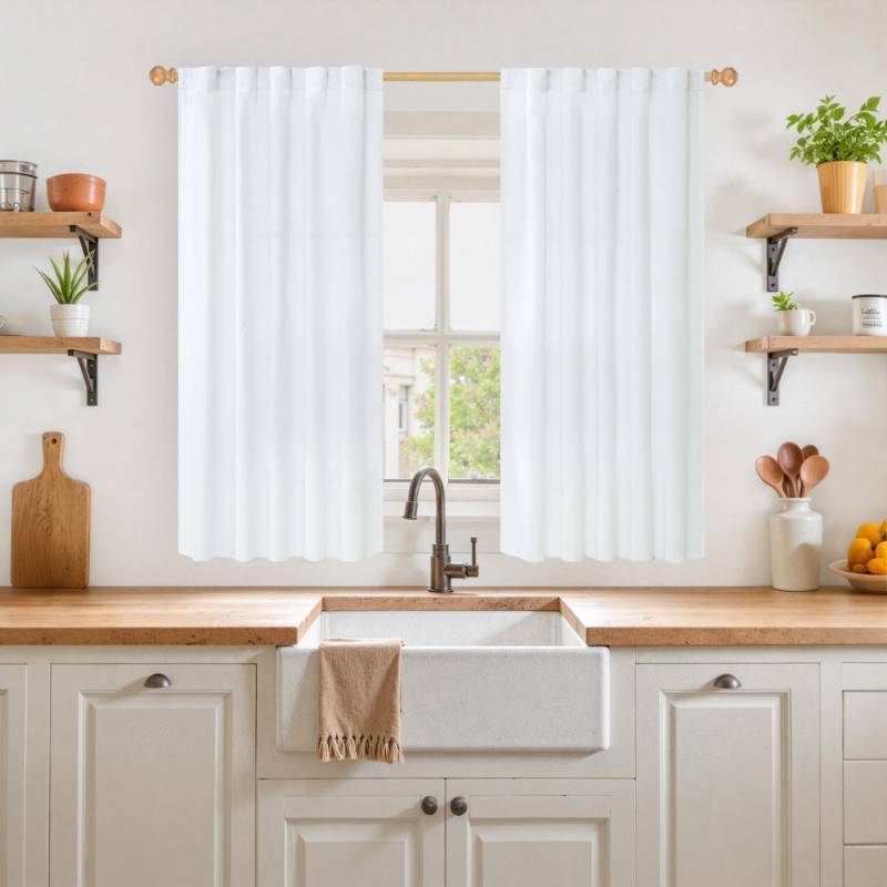 lot 5898 image: YoungsTex Short White Linen Curtains 45 Inch Length 2 Panels for Window, Semi Sheer Drapes Light Filtering with Rod Pocket Back Tab Lightweight for Cafe Kitchen Bathroom, 42 X 45 Inch