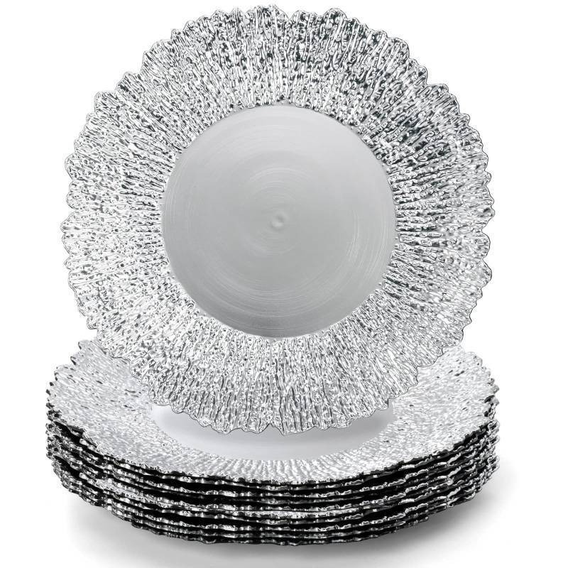 lot 6083 image: Coloch Set of 12 Plastic Charger Plates, 13 Reusable Reef Serving Chargers for Dinner Plate Round Shiny Decorative Charger Plate for Wedding, Catering, Parties, Restaurant, Home Dinner Use (Silver) - Retail $30
