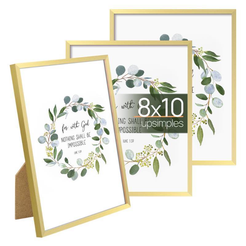 lot 6122 image: upsimples 8x10 Picture Frame Set of 3, Made of High Definition Glass for 8 x 10, Wall and Tabletop Display Thin Border Photo Frames for Home Decor, Gold
