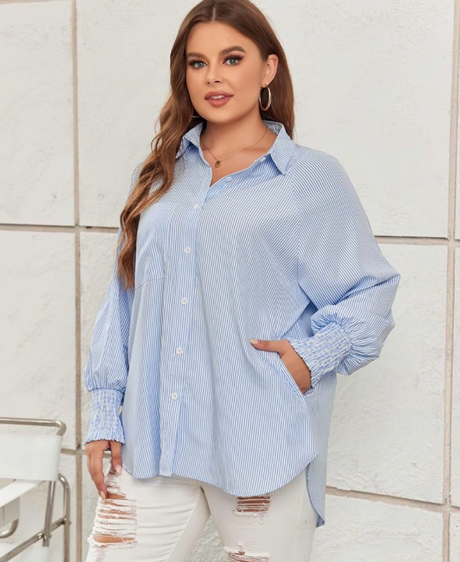 lot 6149 image: LALAGEN Pink Womens Plus Size Oversized Long Sleeve Button Down Shirt Modest Smocked Cuffed Loose Shirts Blouse with Pocket (3XL) PINK