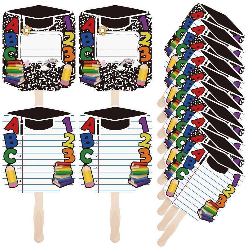 lot 6182 image: 24 Pcs ABC 123 Kindergarten Graduation Cutout Face Fans with Handle Double-Sided Composition Notebook Theme Preschool Graduation Handheld Fan for Kindergarten Grad Party Favors Photo Props Souvenirs - Retail $17