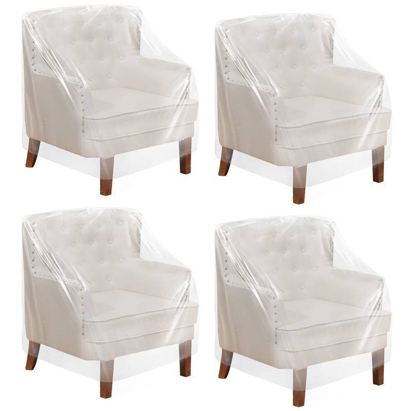 lot 6192 image: Tudomro 4 Pcs Outdoor Plastic Chair Cover Waterproof Armchair Clear Dust Proof Plastic Couch Cover for Furniture Sofa Chair Couch Recliner Furniture Storage and Moving, 37 x 30 x 30 Inch