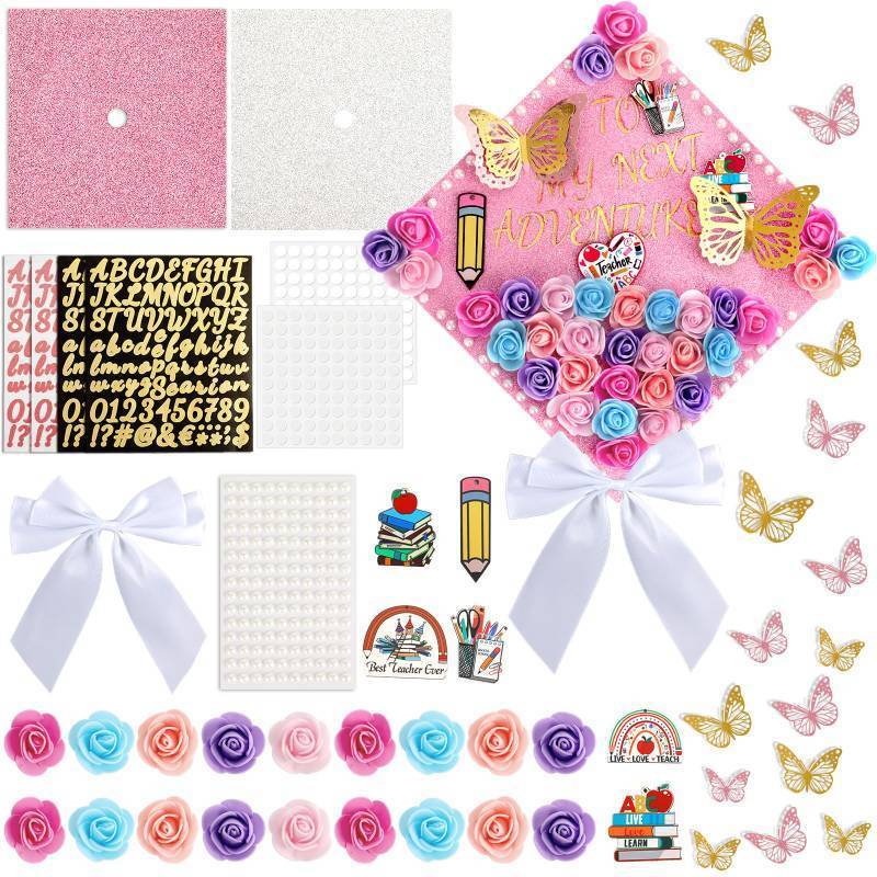 lot 6278 image: 97 Pcs Pastel Classroom DIY Graduation Cap Decorations Mini Artificial Rose Flowers 3D Butterfly Stickers Glitter Alphabet Letter Number Decals for DIY Hat Grad Cap Topper Graduation Party Supplies