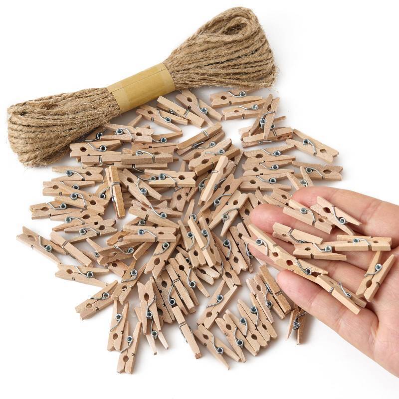 lot 6329 image: 1 Natural Mini Wooden Clothespins 100 Pcs with 33ft Jute Twine Photo Hanging Clips,Small Clothes Pins for Crafts Arts Christmas Wedding Graduation Party