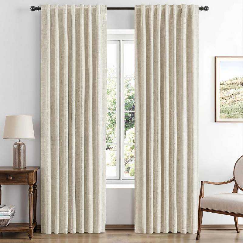lot 6345 image: MIULEE 100% Blackout Linen Curtains for Bedroom, Cream Solid Luxury Decor Thermal Insulation Room Darkening Drapes for Living Room Back Tab Rod Pocket 42 x 84 Inches, 2 Panels