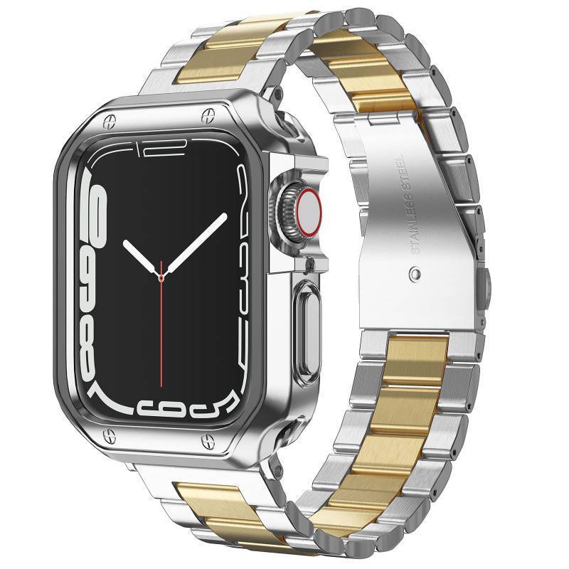 lot 6368 image: Designed for Apple Watch Band and Case, Stainless Steel Metal Chain with TPU Cover, Smart-Watch Link Bracelet Strap, Wrist-Band for i-Watch Series 9 8 7 6 5 4 3 2 1 SE, 45mm 44mm 42mm, SilverGold
