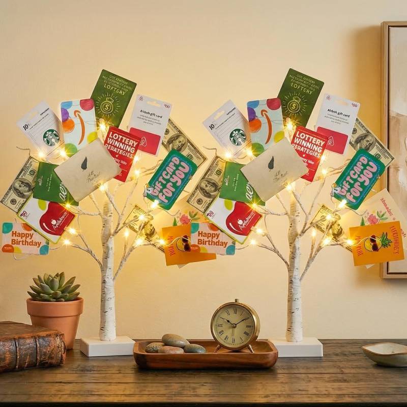 lot 6375 image: EAMBRITE Money Tree Gift Holder, Gift Card Tree 2FT 24LED, Lighted Birch Trees BatteryUSB Powered Timer Photo Display with 24 Clips and 12 Cards for Home Graduation Christmas Picture Memo 2 Pack