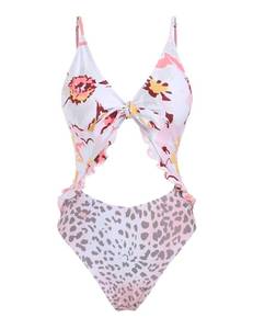lot 6957 image: ZAFUL Womens One-Piece Swimsuit Sexy Cutout Ruffle Bathing Suit V Neck Tummy Control Front Knot Monokini Swimwear Leopard XL