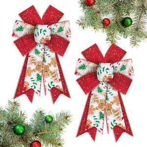 lot 7186 image: Habbiful Christmas Gingerbread Man Wreath Bow for Front Door, Wall, Fence Decor - Tree Topper for Winter Party Home New Year Decoration Supplies (2 PCS)