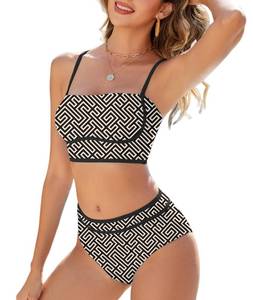 lot 7140 image: Urchics High Waisted Bikini Sets for Women Color Block Sporty Two Piece Swimsuits Straps Modest Bathing Suits Black Geometry M