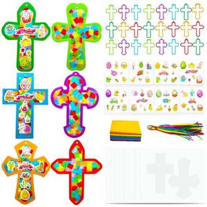 lot 7153 image: AUEKIV Easter Religious Cross Craft Kits - 24 Easter Tissue Paper Suncatcher Stained Glass Effect,Cross Art Craft Kit Christian DIY Crafts Gift Set for Jesus Sunday Church Classroom Spring Party
