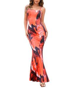 lot 7220 image: HTZMO Womens Floral Maxi Dress Bodycon Spaghetti Straps Sundress Summer Beach Casual Long Dress Red XS