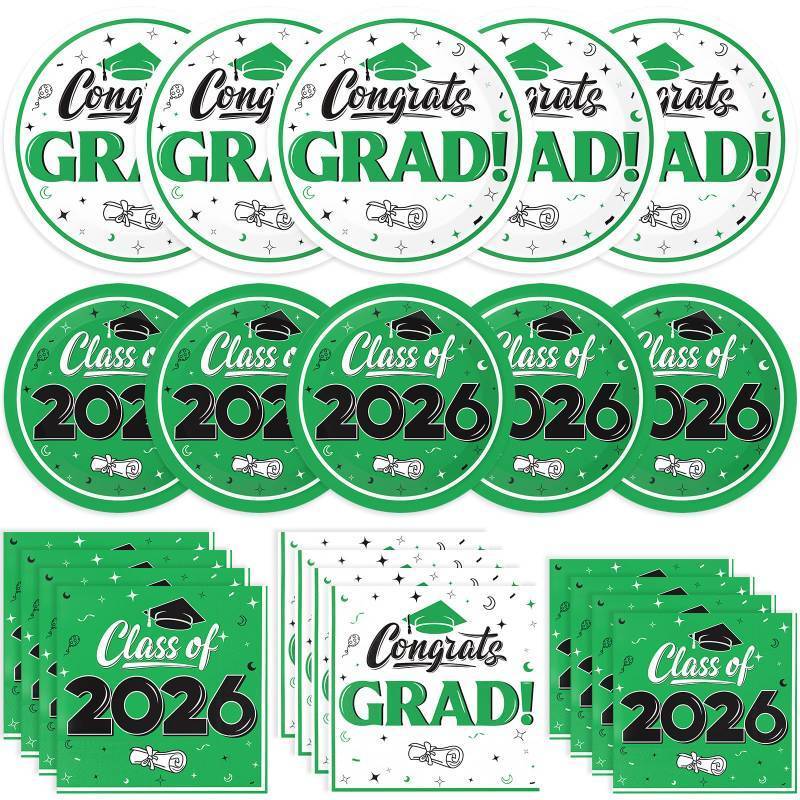 lot 5988 image: BAIVV Graduation Decorations 2026, 200 Pcs Class of 2026 Graduation Party Supplies Kit with Paper Plates, Luncheon and Cocktail Napkins, Congrats Grad Decorations for 50 Guests (Green)