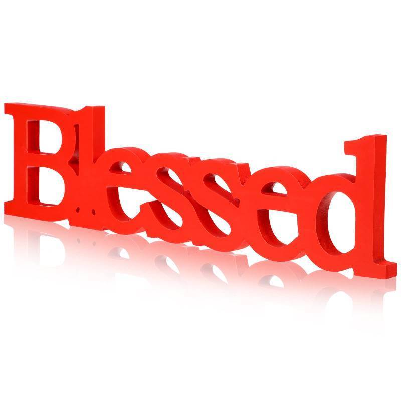 lot 6095 image: Blulu Blessed Letter Table Sign Blessed Standing Letter Table Sign Rustic Wooden Home Standing Decor for Graduation Baby Shower First Communion Christening Decoration(Red)