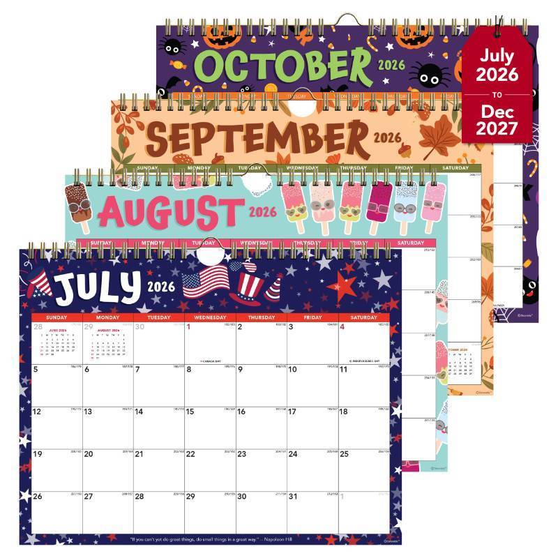 lot 6267 image: Decorably 18 Months Colorful Landscape Small Wall Calendar July 2026 to December 2027, 11x8.5in Spring-Bound Sheets with Inspirational Quotes and Back Pocket for Office, Home & School