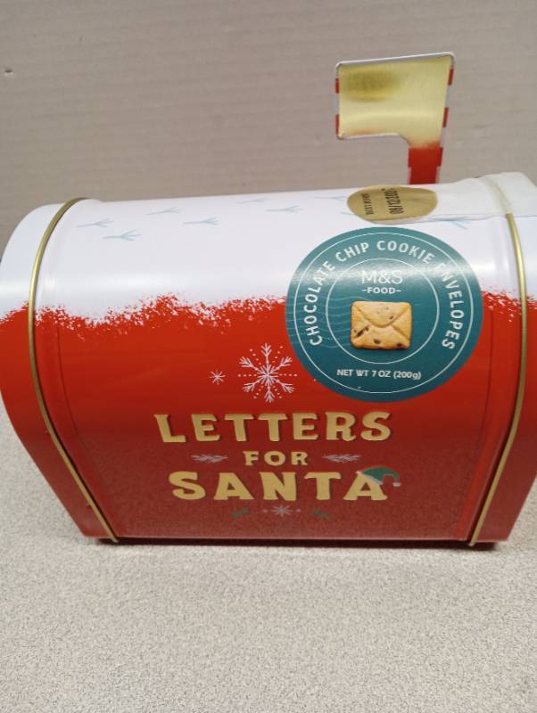 lot 6819 image: M&S Food Letters for Santa Mailbox Chocolate Chip Cookie Tin 7 oz Best by 08122027