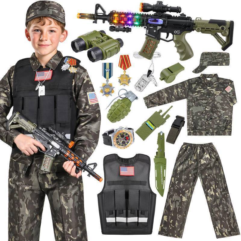 lot 6108 image: Metemot Kids Army Costume for Boys, Military Soldier Costume with Army Toys, Boys Halloween Costumes with Army Vest, Soldier Boy Dress up Costumes for Play Age 3-12, Halloween Birthday Gift for Kids - Retail $47