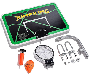 lot 7240 image: JumpKing Trampoline Basketball Hoop Set with 7.5in Dia. Ring & Ball OutdoorBreakaway Metal Ring, Goose Neck Pole, Inflatable Mini Ball Included, Durable Steel Build, Quick And Easy Installation Setup