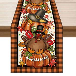 lot 7425 image: XCHI Orange Plaid Turkey Pumpkin Thanksgiving Fall Table Runner Party Table Decoration for Home Kitchen Dining Holiday Decor 13x72 Inch