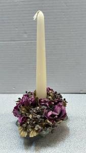 lot 6882 image: Candle Holder with Cream Taper Candle and purple faux Floral Arrangement