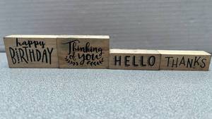 lot 7711 image: Rubber Stamp Set 4 Piece Happy Birthday Thinking of You Hello Thanks