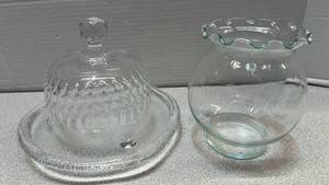 lot 7724 image: Glass Butter Dish with Lid and Glass Vase with Ruffled Rim 2-Piece Lot