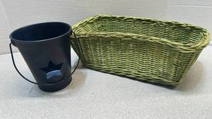 lot 7765 image: Blue  Metal Pail with Star Design and Woven Basket Lot 2 Pieces