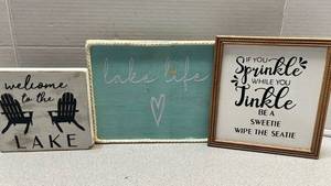 lot 7767 image: Lot of 3 Wooden Wall Signs Lake Life Sprinkle Tinkle Welcome