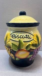 lot 7790 image: Biscotti Ceramic Covered Jar with Fruit Design
