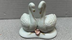 lot 7793 image: Pair of White Ceramic Swan Figurines with Gold Accents