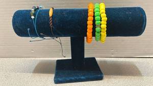 lot 7796 image: Beaded Bracelets Lot 6 Pieces with blue velvet Display Stand