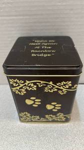 lot 7798 image: Decorative brown Metal Tin Box with Rainbow Bridge Engraving and Paw Print Design
