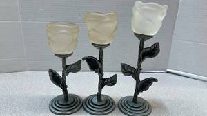 lot 7809 image: 3 Rose-Form Candle Holders with Frosted Glass Shades and Metal Stems